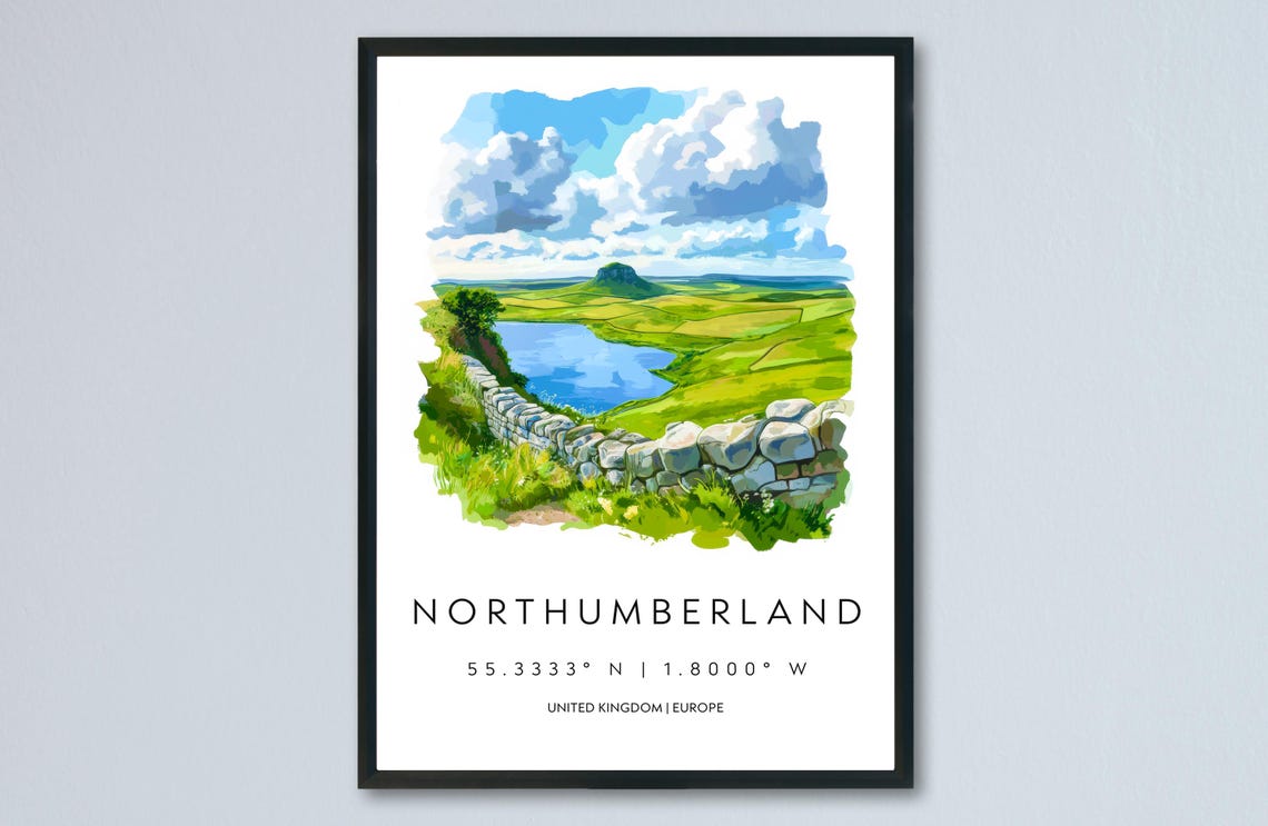 Northumberland England Stone Wall Lake Countryside Watercolor Poster