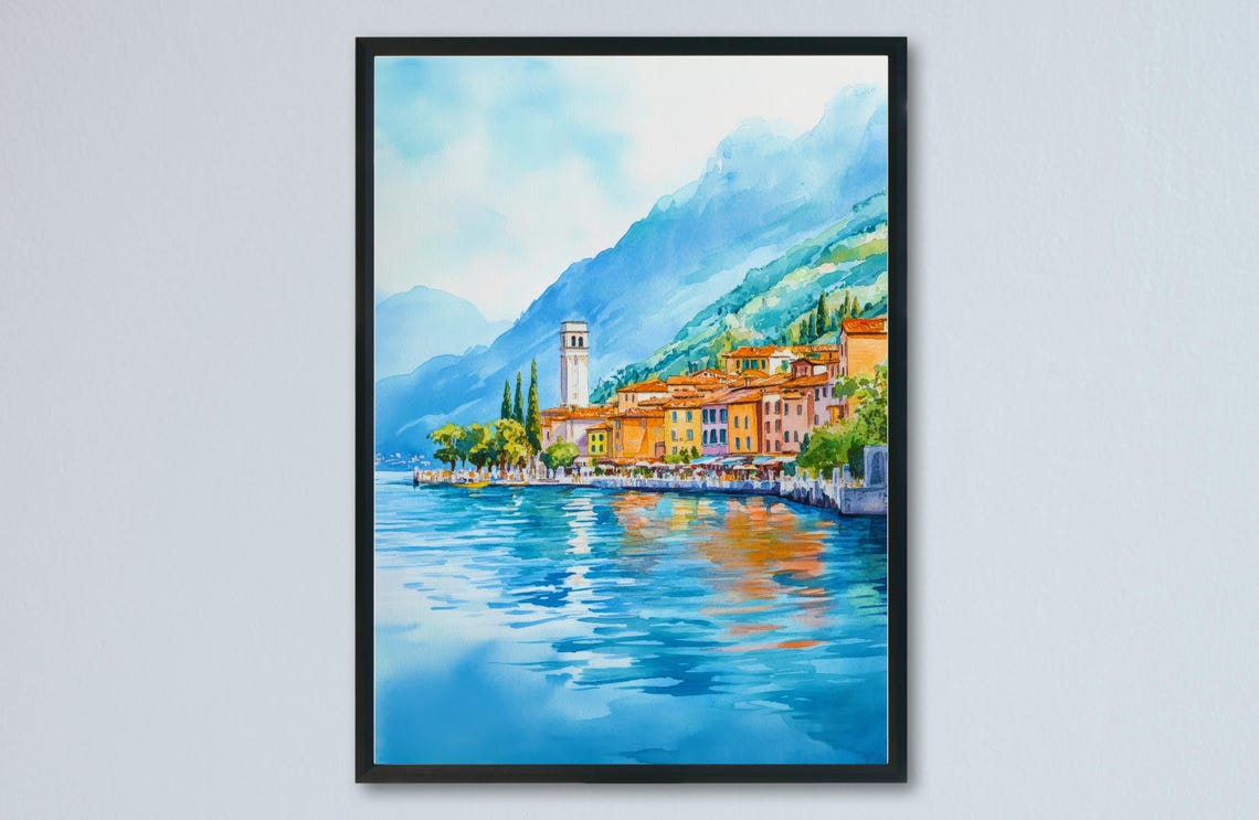 Lakeside Town Bell Tower Mountain Reflections Watercolor Poster