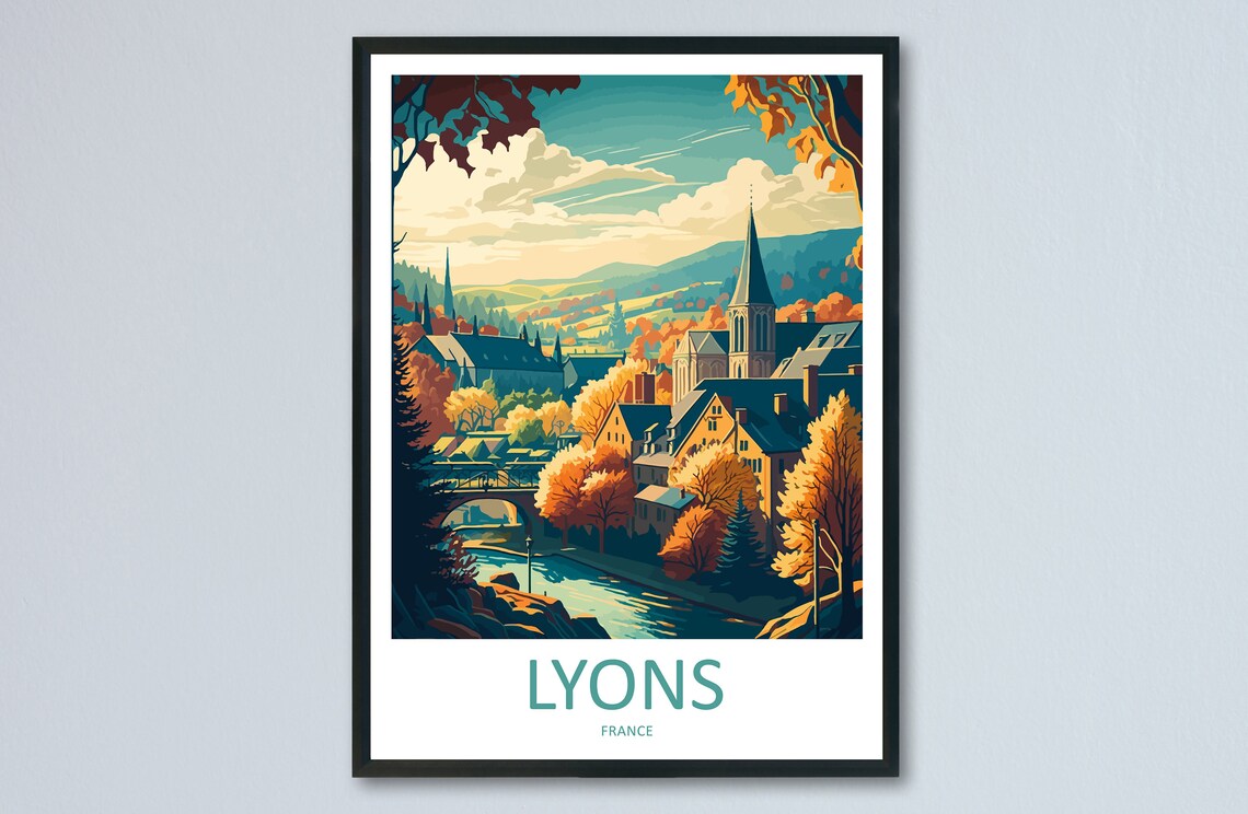 Lyons France Vintage Autumn Riverside Town Travel Poster Fall