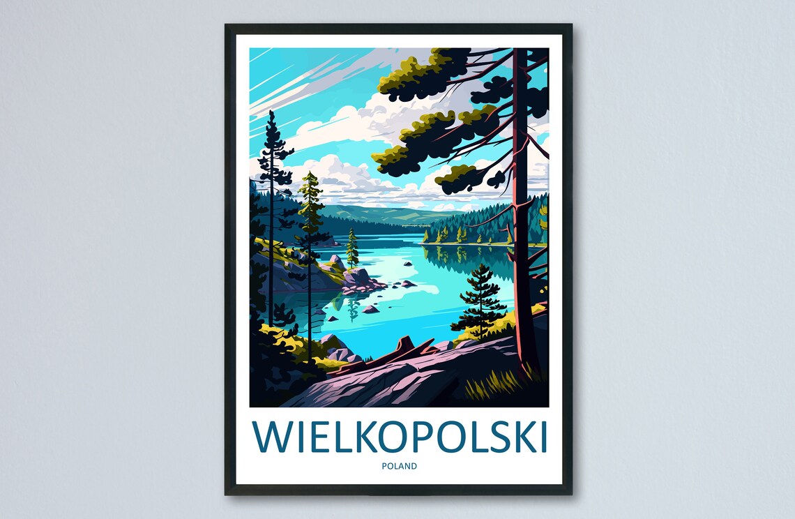 Wielkopolski Poland Mirror Calm Forest Lake Retro Travel Poster