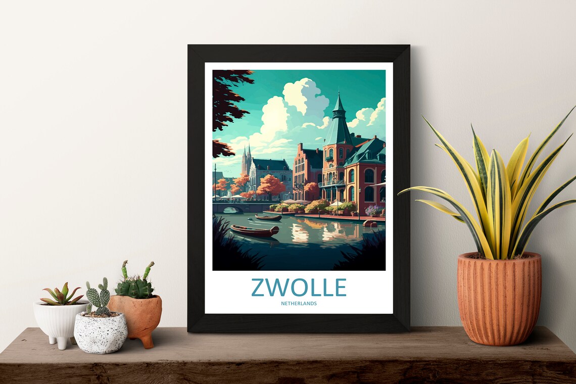 Zwolle Netherlands Canal Boats Historic Quay Vintage Travel Poster Art - Image 3