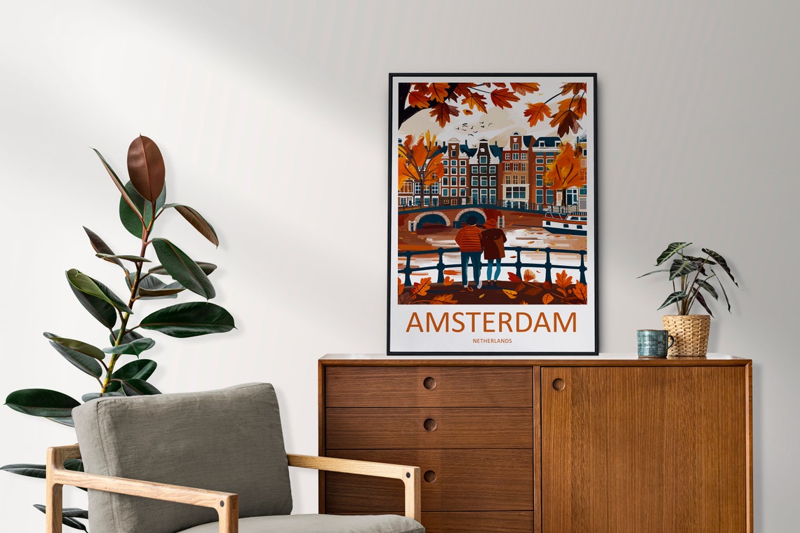 Amsterdam Netherlands Canal Couple Autumn Minimalist Travel Poster - Image 2
