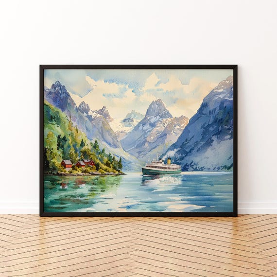 Fjords Watercolor Poster Landscape Wall Art Hanging Home Dcor Gift Lovers Norway