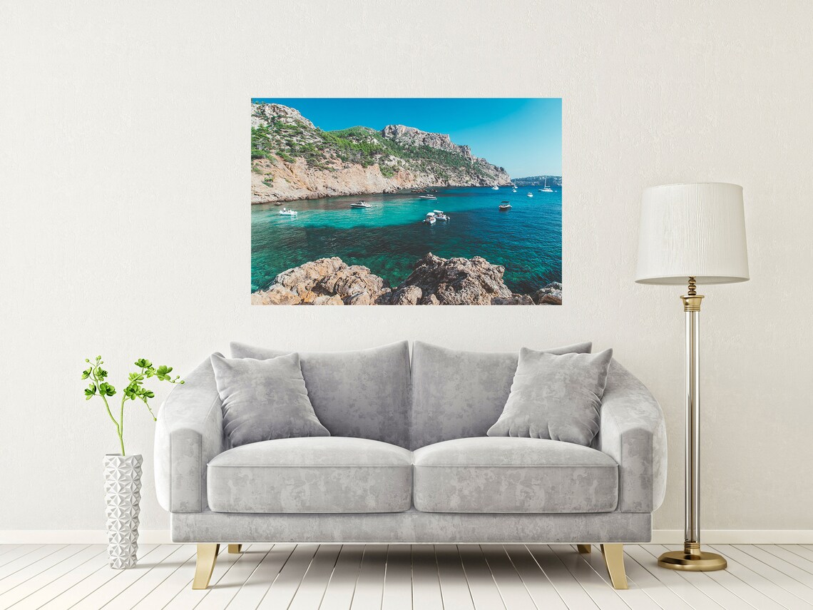 Mallorca Turquoise Cove with Boats and Green Rocky Cliffs Poster - Image 2