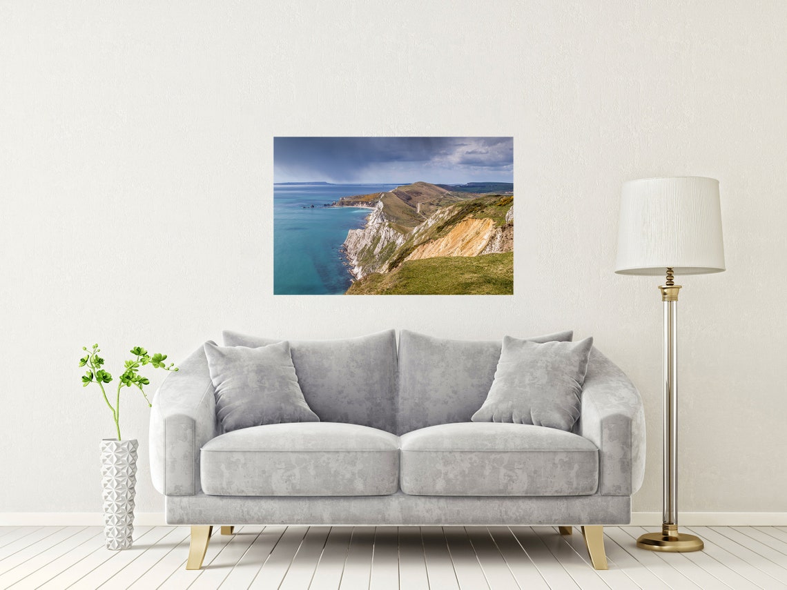Worbarrow Bay White Chalk Cliffs Under Storm Clouds Dorset Poster - Image 2