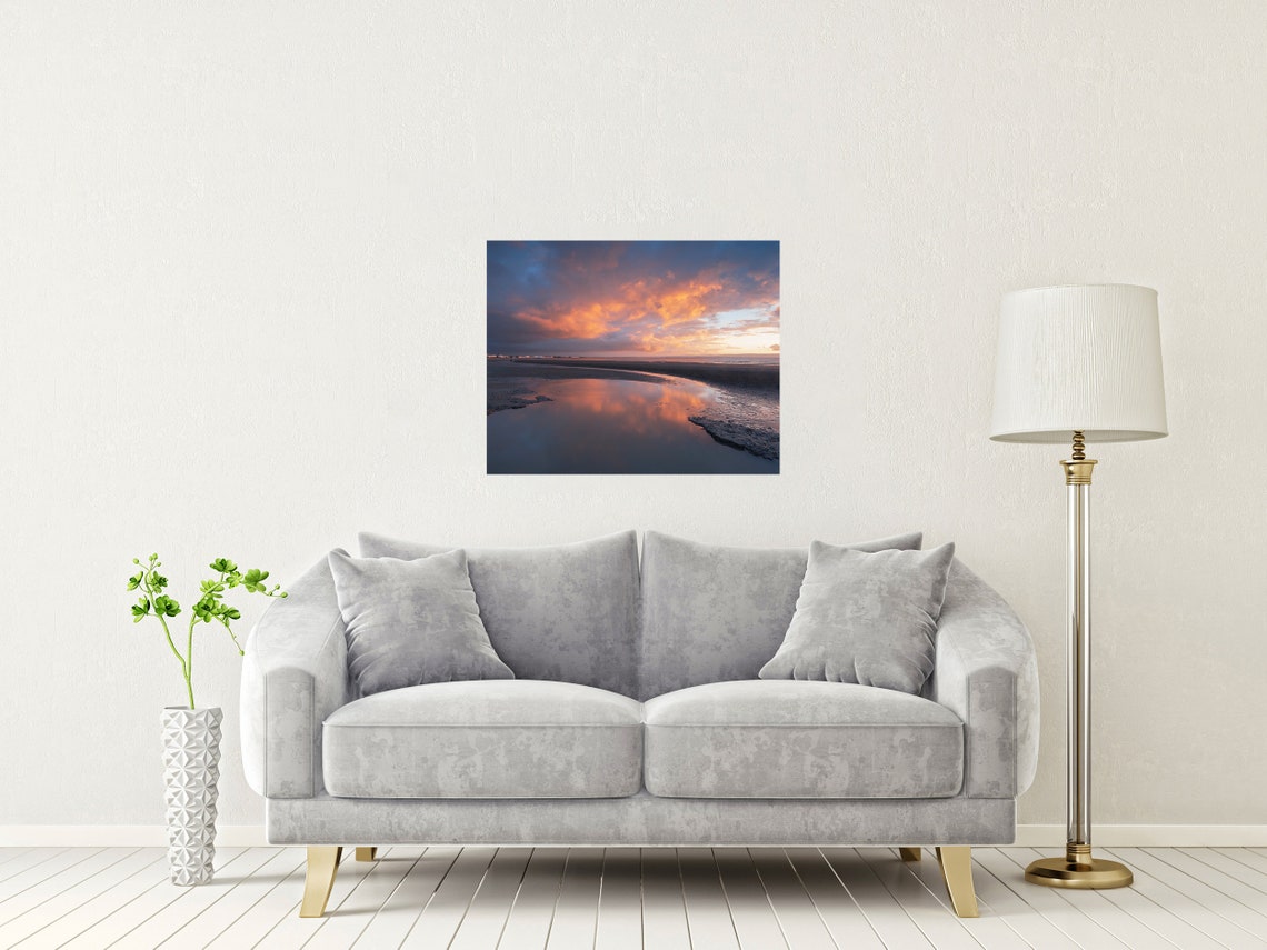 Fiery Sunset Reflected in a Still Tidal Pool on the Beach Poster - Image 2