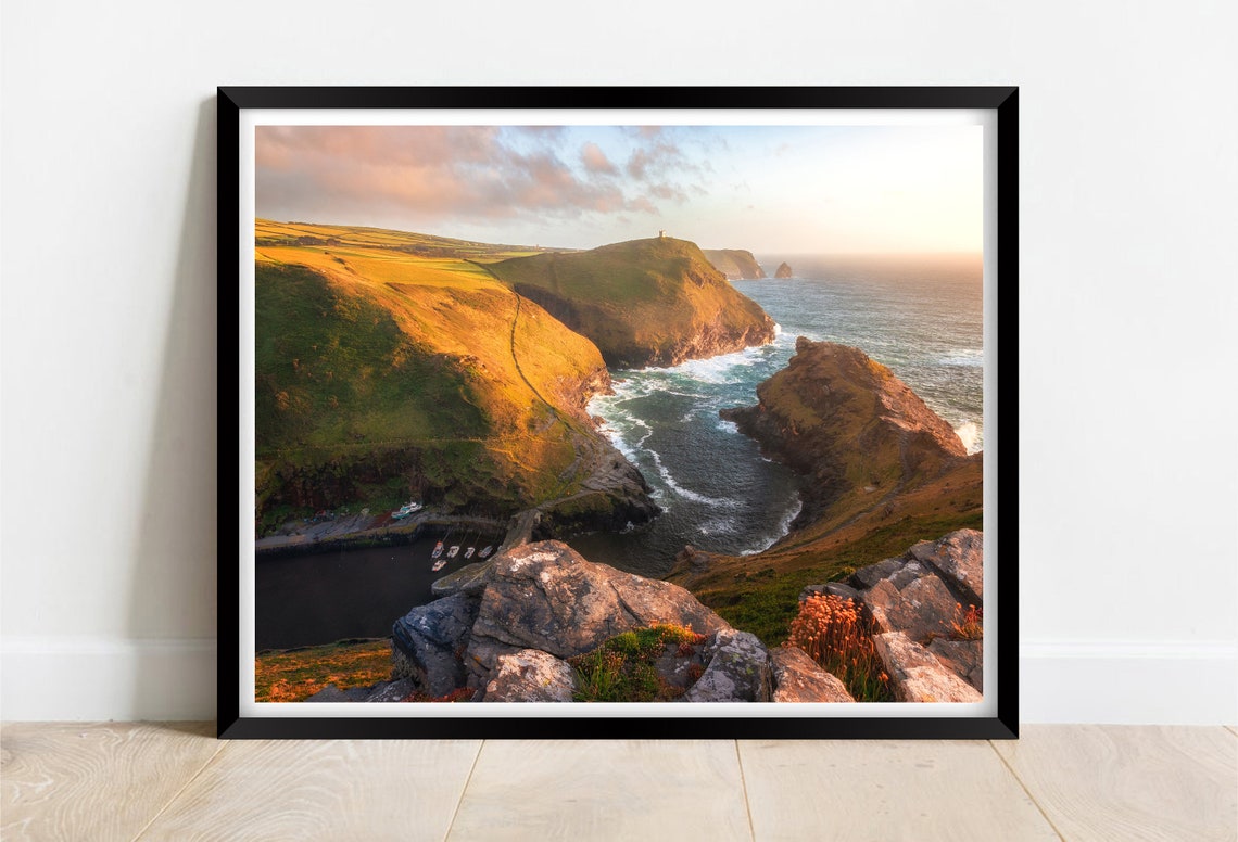 Boscastle Beach Cornwall Harbour Golden Cliffs Sunset Poster