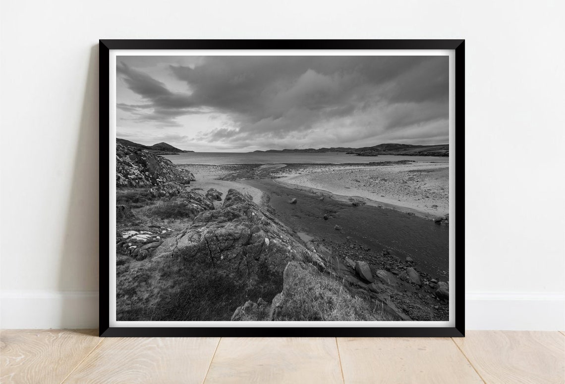 Firemore Beach Scotland Black White Rocky Shore Dramatic Sky Poster
