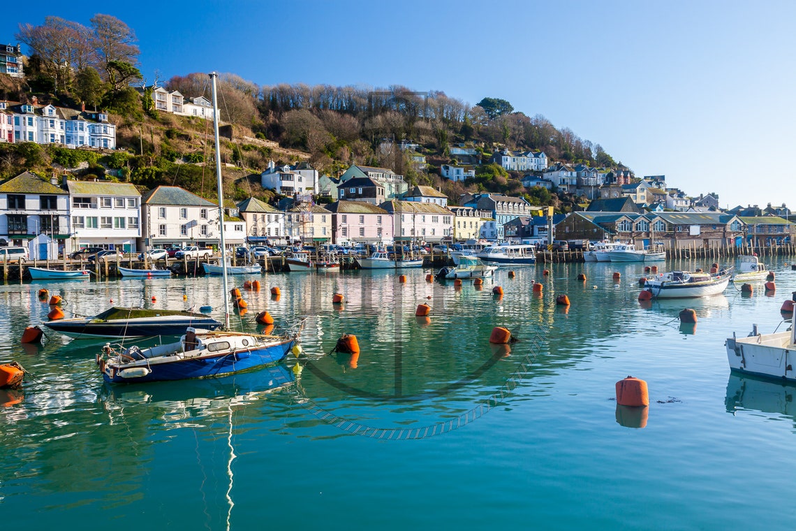Looe Cornwall Harbour Boats Sunny Waterfront Village View Poster - Image 3