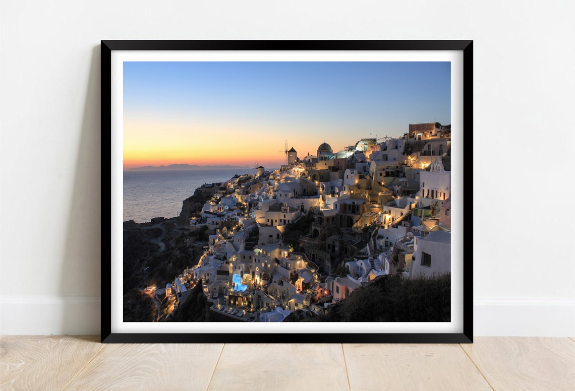 Santorini Greece Whitewashed Cliff Town Sunset Sea View Travel Poster