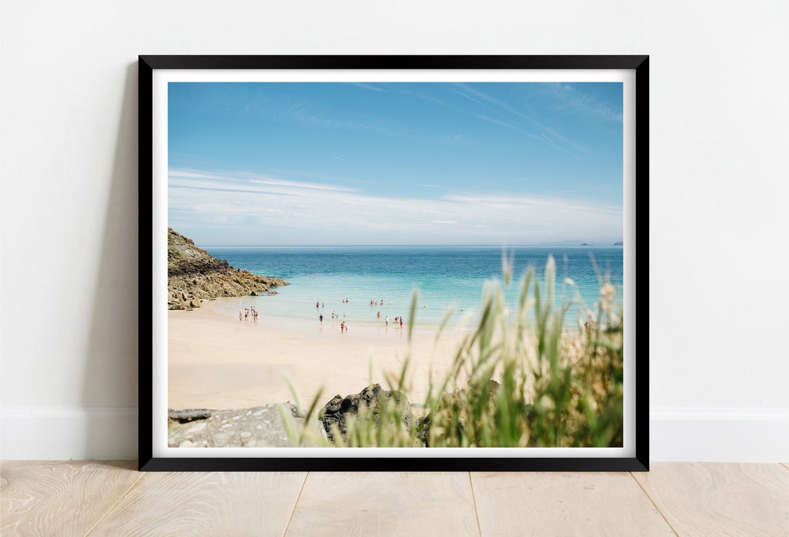 St Ives Cornwall Sandy Beach Swimmers Turquoise Water Poster