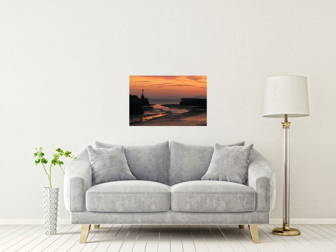 Maryport Harbour Cumbria Orange Sunset Lighthouse Silhouette Print - Image 2