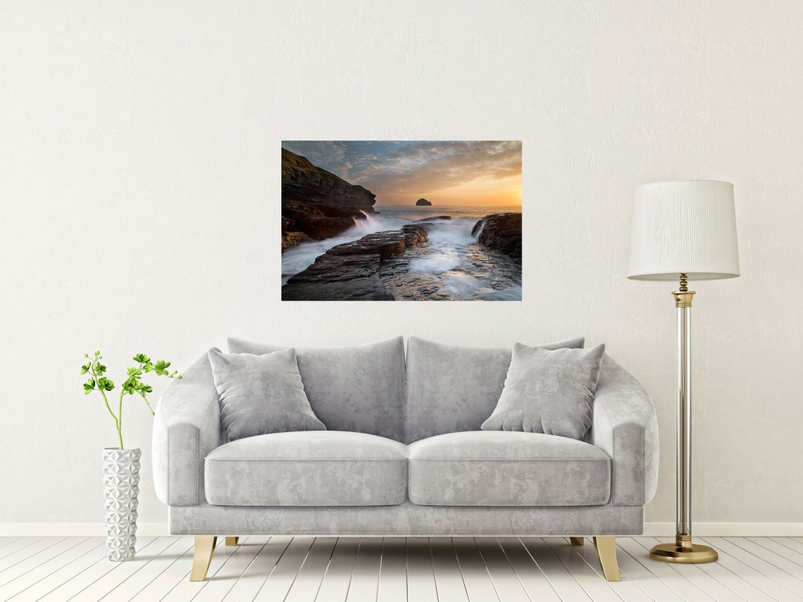 Smugglers Cove Cornwall Sunset Rocky Coast Golden Waves Poster - Image 2