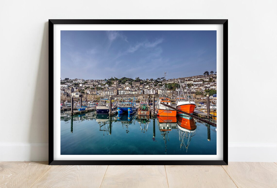 Newlyn Cornwall Fishing Boats Harbour Mirror Calm Water Scene Poster