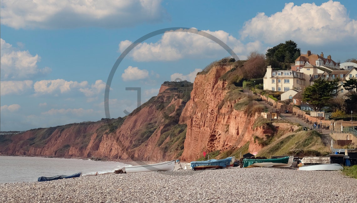 Budleigh Salterton Devon Red Cliffs Shingle Beach Boats Poster - Image 3