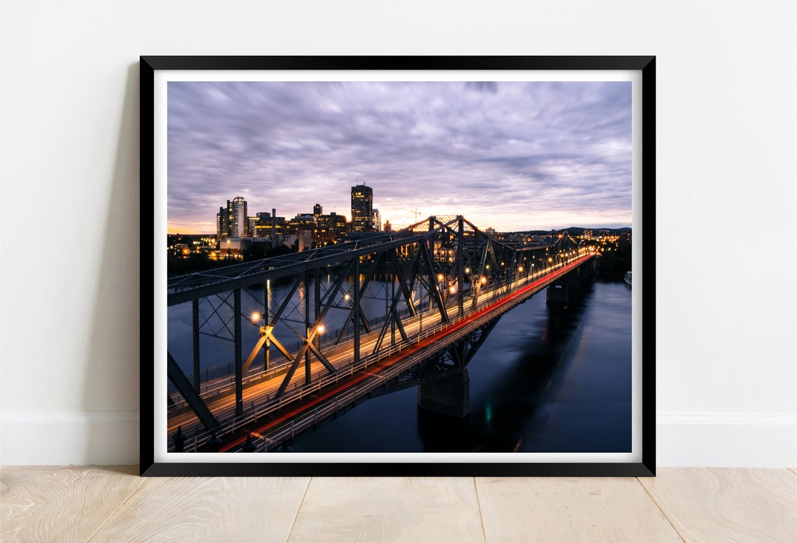 Ottawa Canada Steel Truss Bridge Over The River At Sunset Dusk Poster