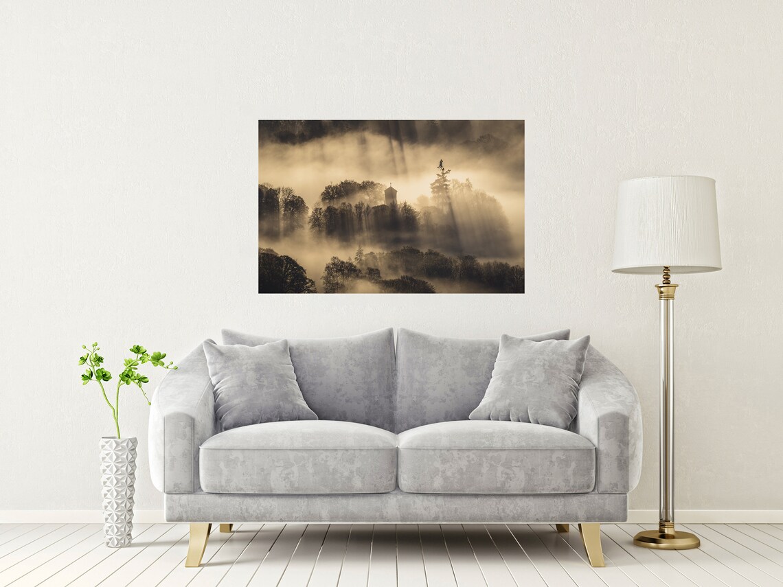 Misty Sunrise Church Spire In Foggy Hills Lake District Poster - Image 2