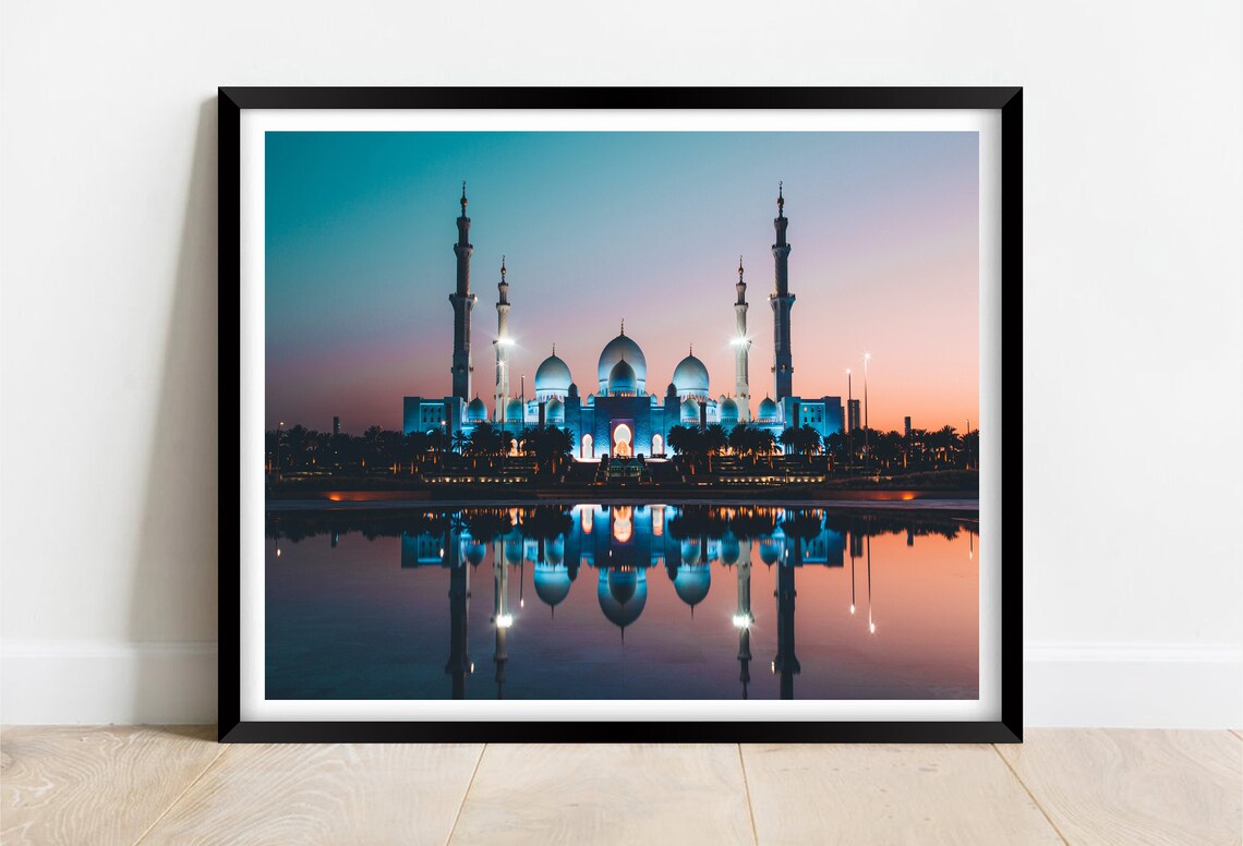 Sheikh Zayed Grand Mosque Abu Dhabi Dusk Reflection Skyline Poster