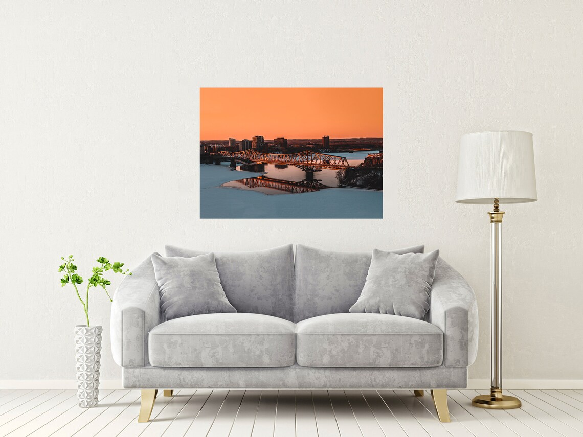 Ottawa River Frozen Winter Sunset With Truss Bridge Reflection Poster - Image 2