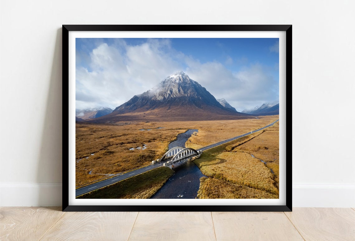 Buachaille Etive Mor Glencoe Aerial Of Road Bridge And Peak Poster