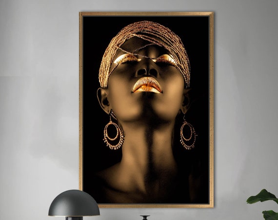 Abstract Artwork Gold Lip Wall Decor African Woman Printed Black Poster Shimmery Canvas Art