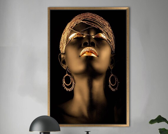Gold Lip African Woman Portrait Dramatic Black Background Poster