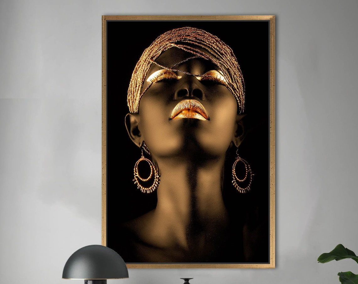 Gold Lip African Woman Portrait Dramatic Black Background Poster