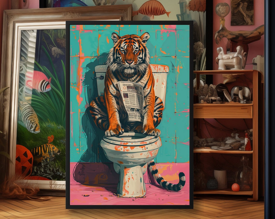 Tiger Reading a Newspaper on the Toilet Funny Bathroom Poster - Image 2