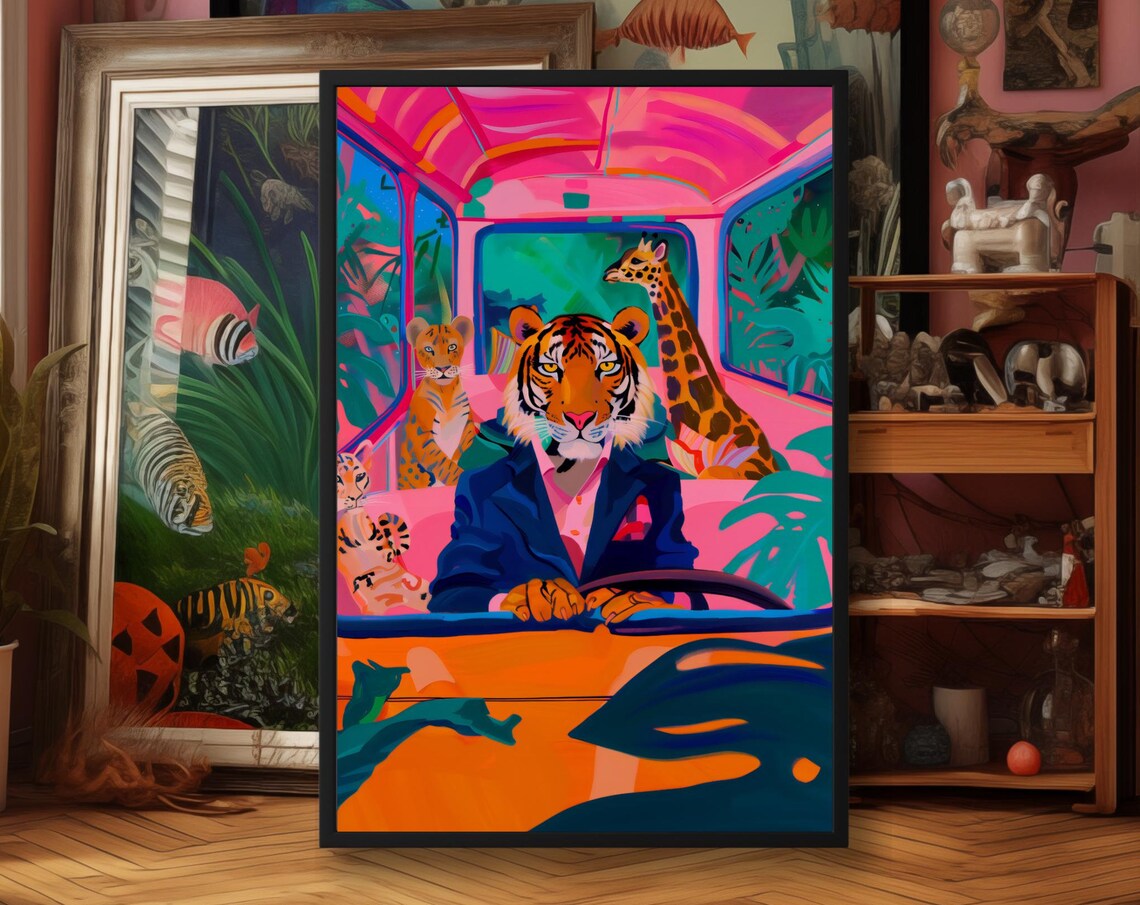 Tiger Driving a Pink Convertible With Giraffe and Leopard Friends Poster - Image 3
