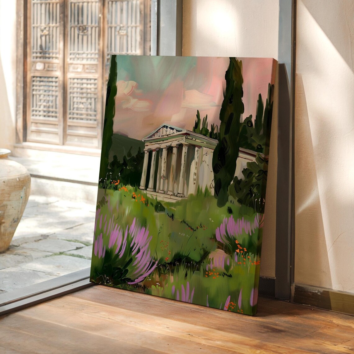 Greek Ruins at Sunset Among Cypress Trees and Wildflowers Poster