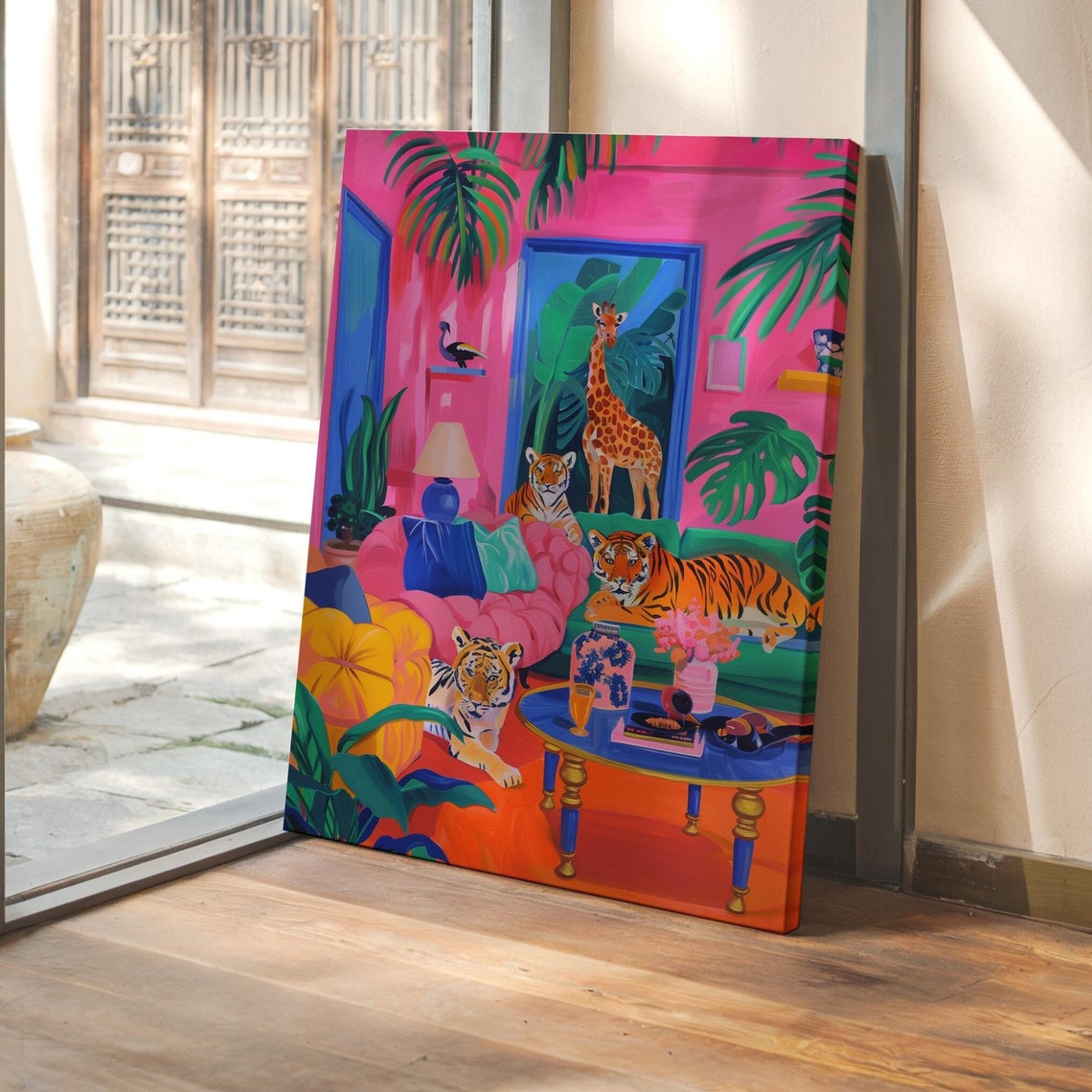 Tigers and Giraffe Lounging in a Hot Pink Jungle Living Room Poster