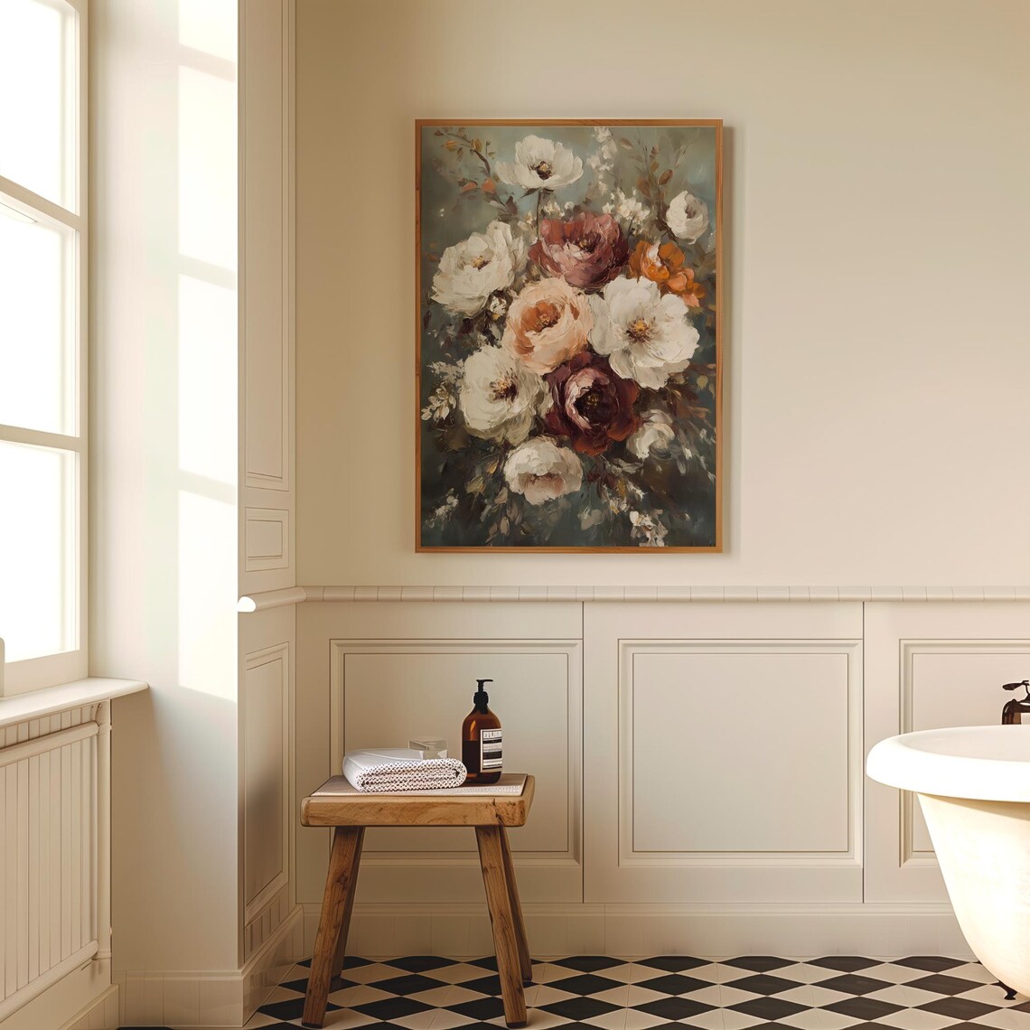 Vintage Flower Bouquet Art Print, Rustic Botanical Decor