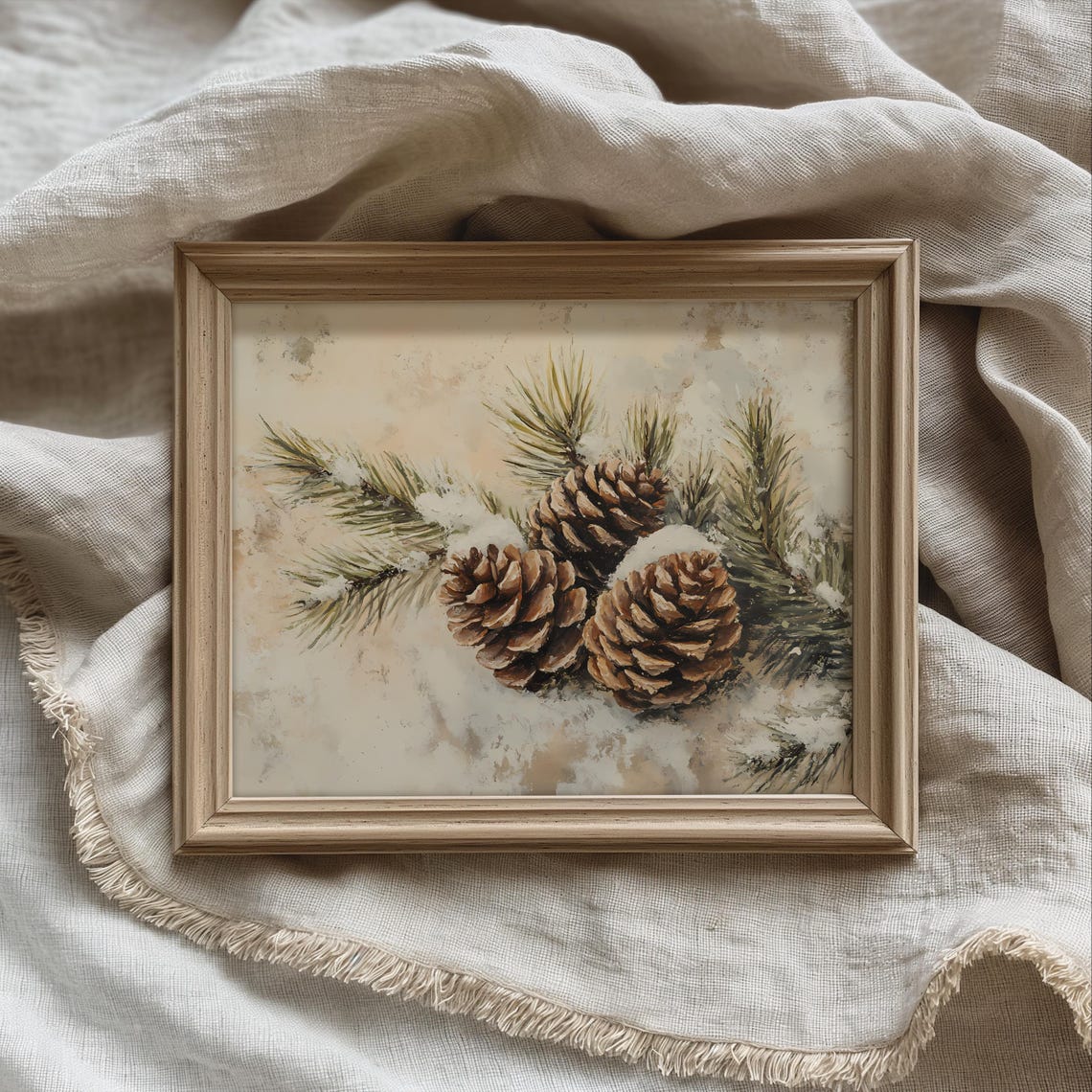 Snow Dusted Pinecones Resting On Evergreen Branches Winter Print