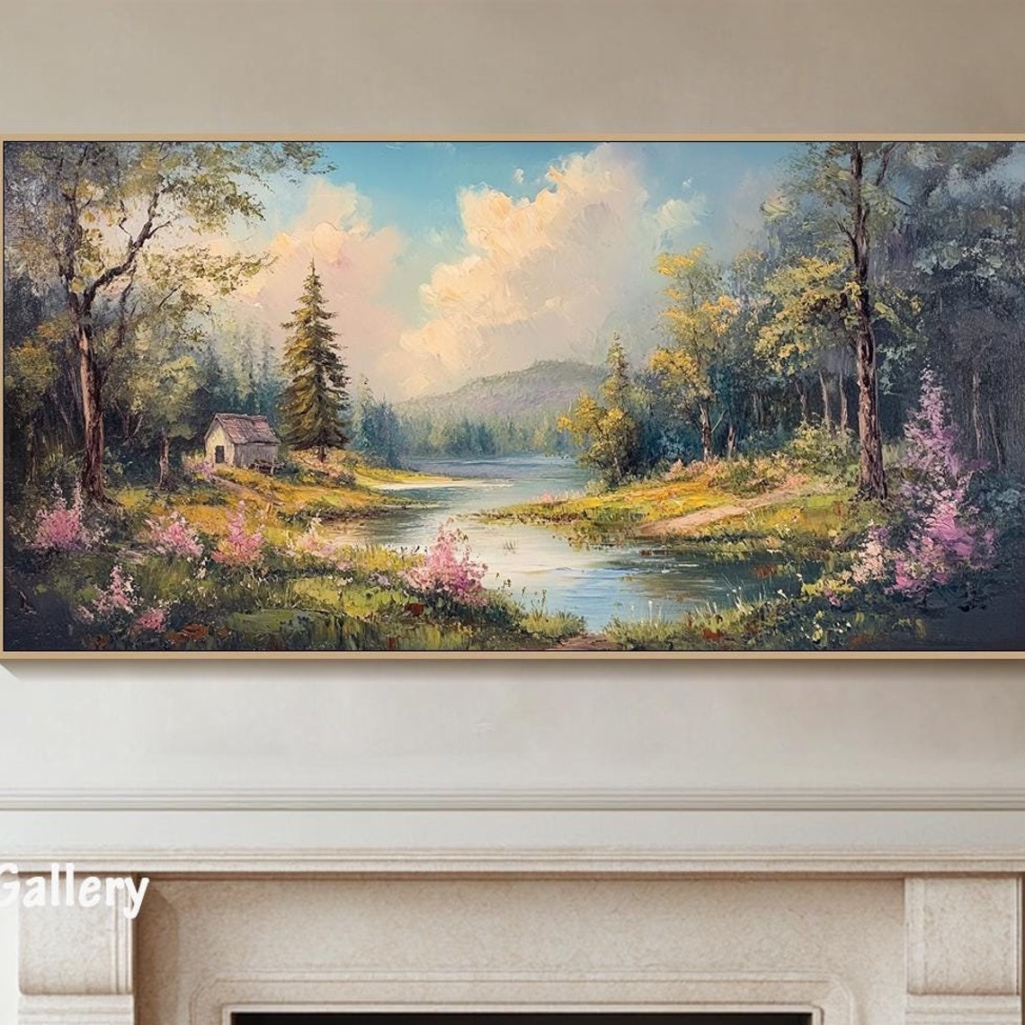 Forest Lake Cabin Spring Blossoms Impressionist Oil Painting Landscape