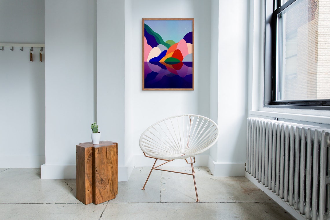 Abstract Colorful Landscape Bridge Over River Sunset Reflection Poster - Image 3