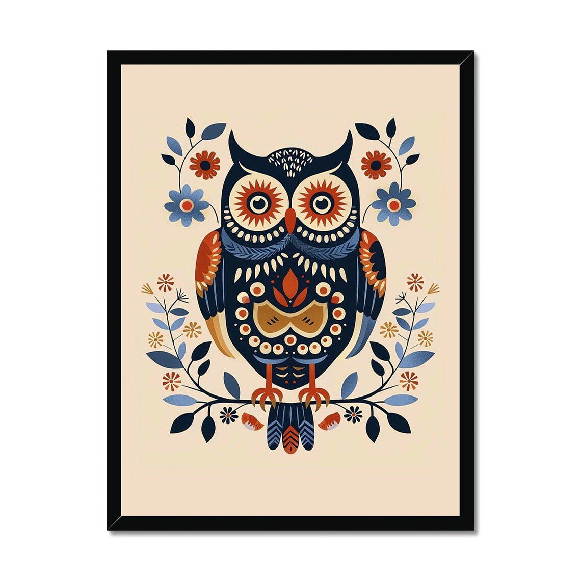 Folk Art Owl Flora Fauna Scandinavian Art Print