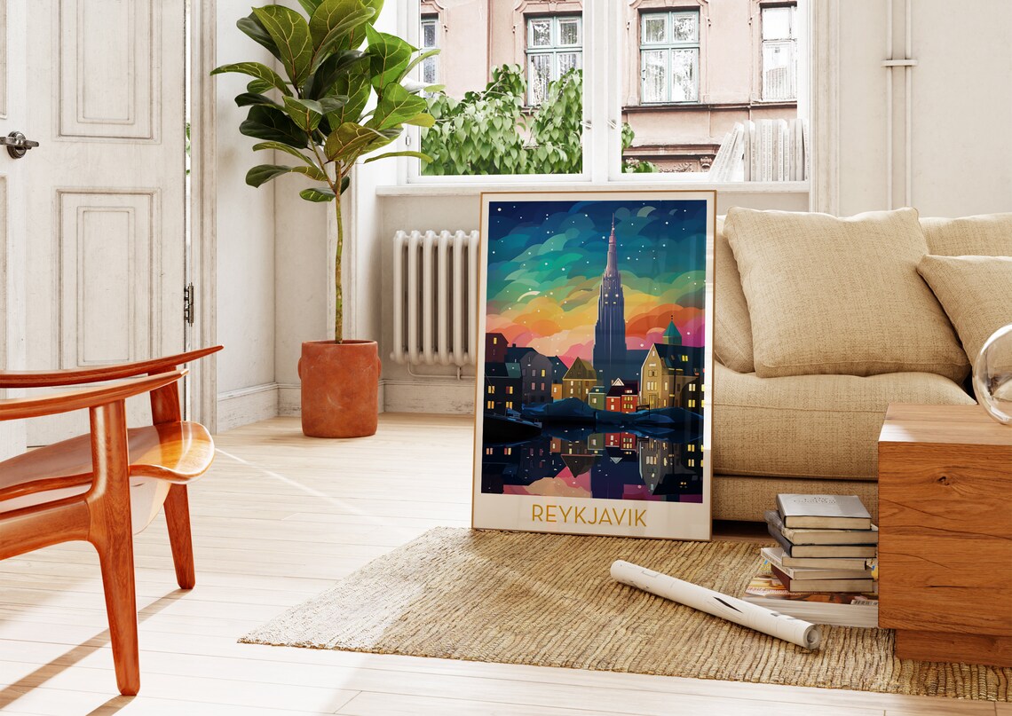 Reykjavik Iceland Starry Night Skyline Colorful Pop Art Travel Poster - Image 4
