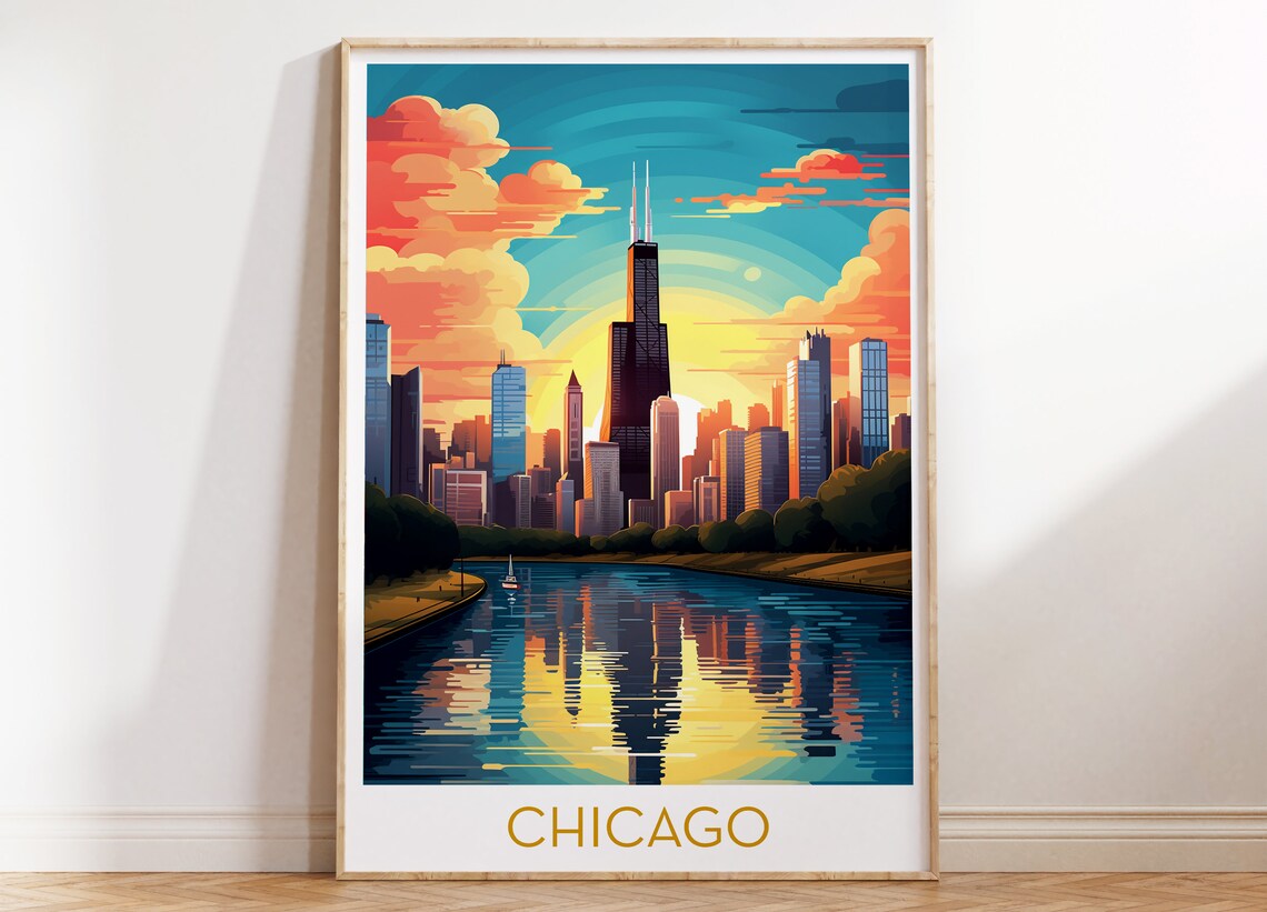 Chicago Skyline Sunset River Reflection Vintage Travel City Art Poster