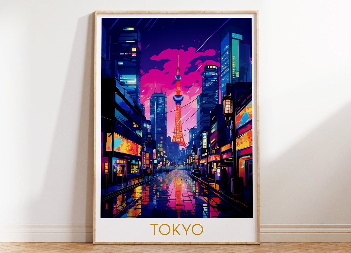 Tokyo Japan Night City Poster with Neon Streets and Tower Lights