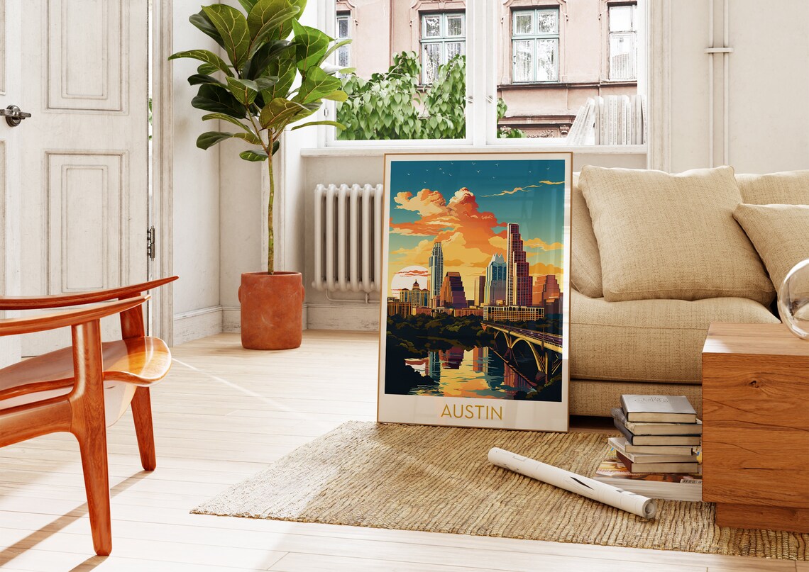 Austin Texas Downtown Sunset Skyline River Bridge City Poster - Image 4