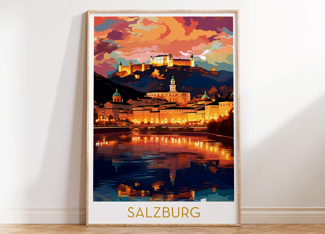 Salzburg Austria Fortress Poster with Sunset over the Salzach River