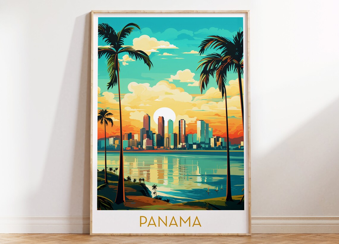 Panama City Skyline Sunset Palms Colorful Pop Art Travel Poster