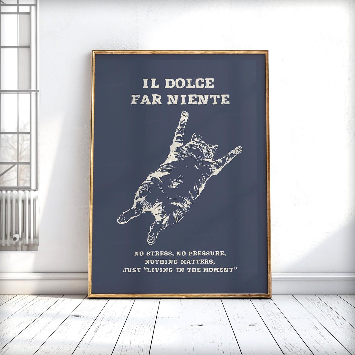 Il Dolce Far Niente Funny Relaxed Cat Italian Navy Quote Poster