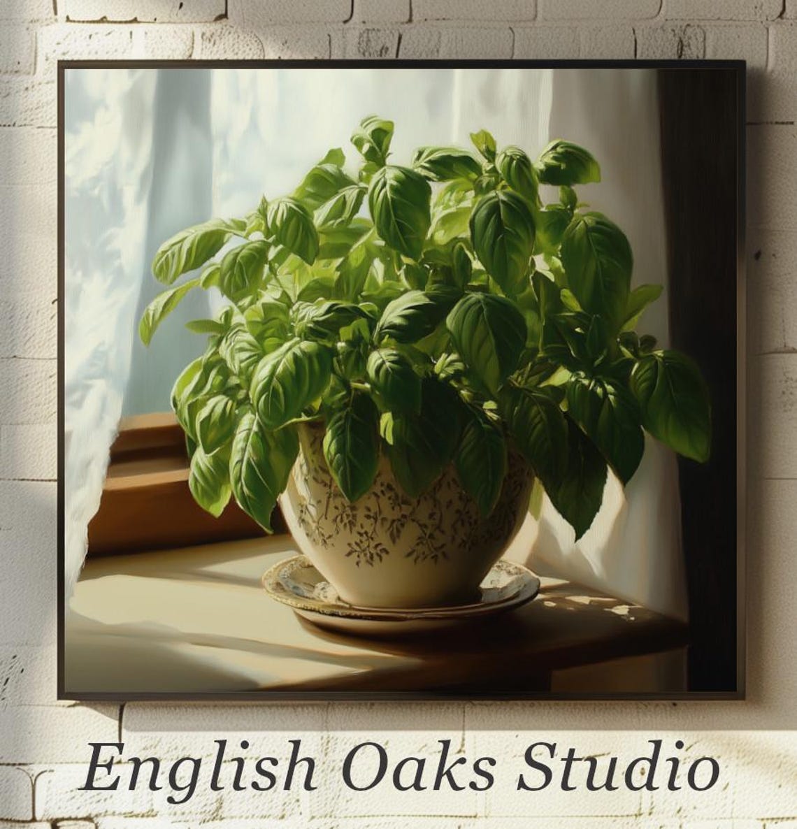 Lush Basil Plant In White Ceramic Pot Sunny Windowsill Poster
