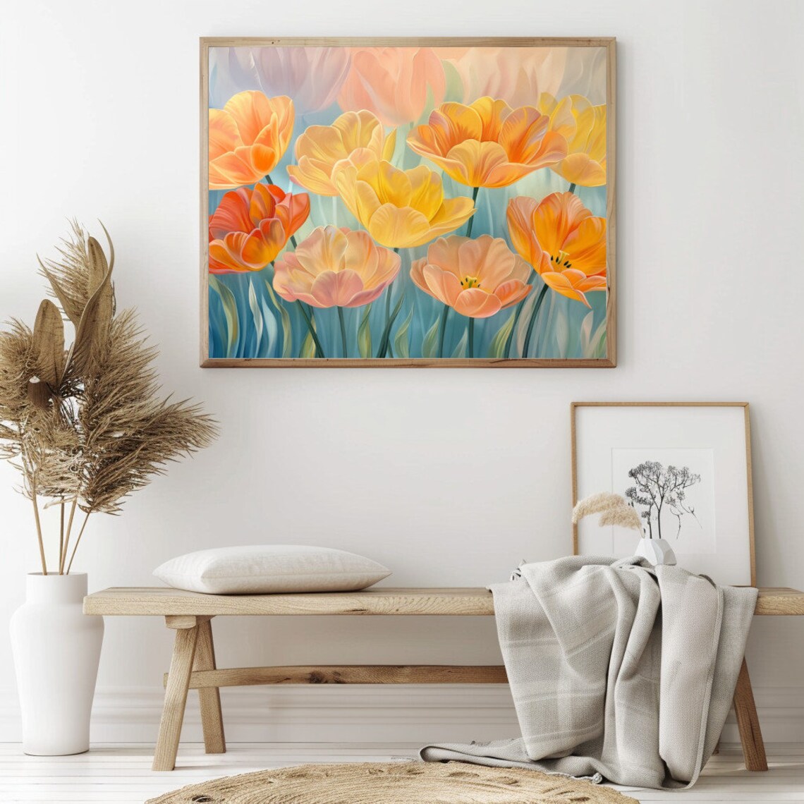 Yellow Orange Tulips Close Up Spring Bloom Floral Art Painting Poster - Image 2