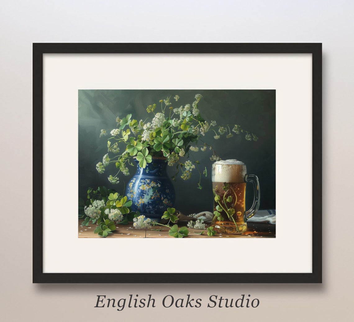 Shamrock Bouquet and Beer Mug Still Life St Patricks Day Wall Art