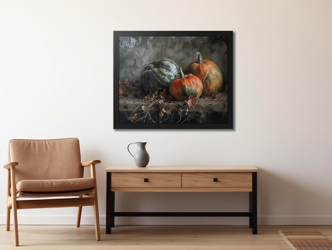 Three Moody Pumpkins Dark Rustic Harvest Still Life Oil Painting Poster - Image 2
