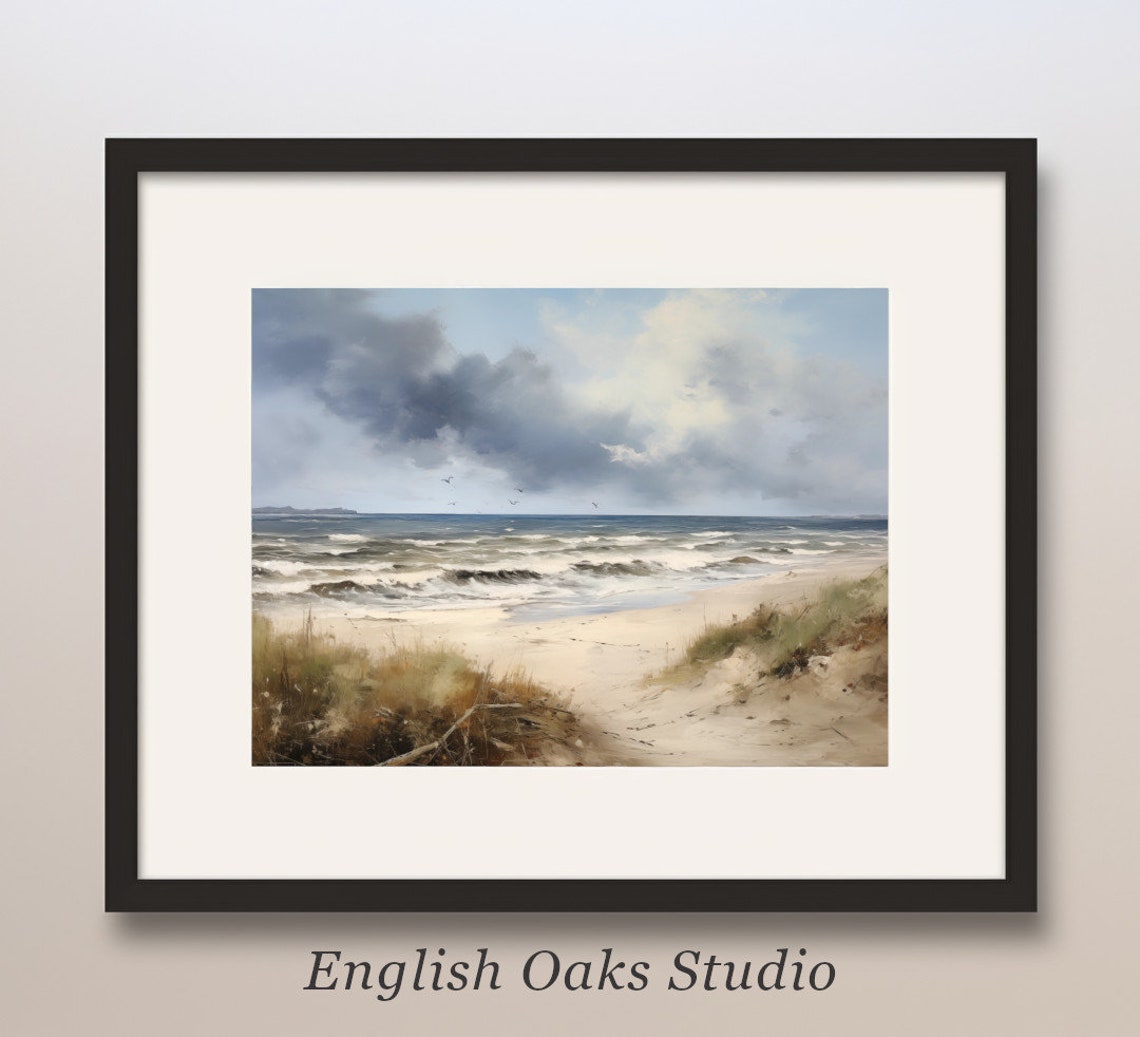 Stormy Beach with Dark Clouds Over Waves Moody Coastal Scene Poster