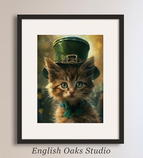 Tabby Kitten in Leprechaun Hat St Patricks Day Cute Cat Wall Art