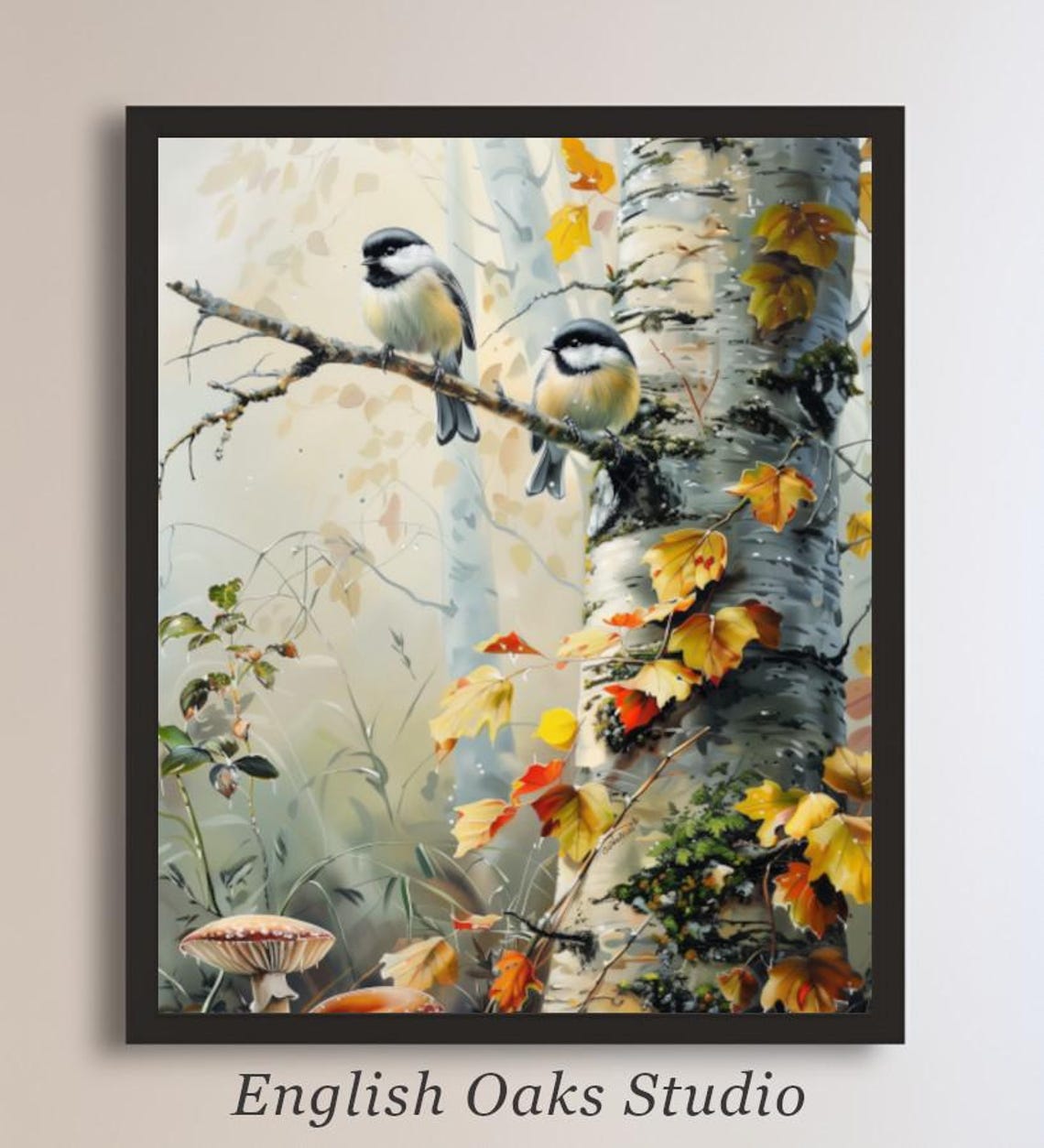 Two Chickadees On Birch Branch With Autumn Leaves Bird Poster